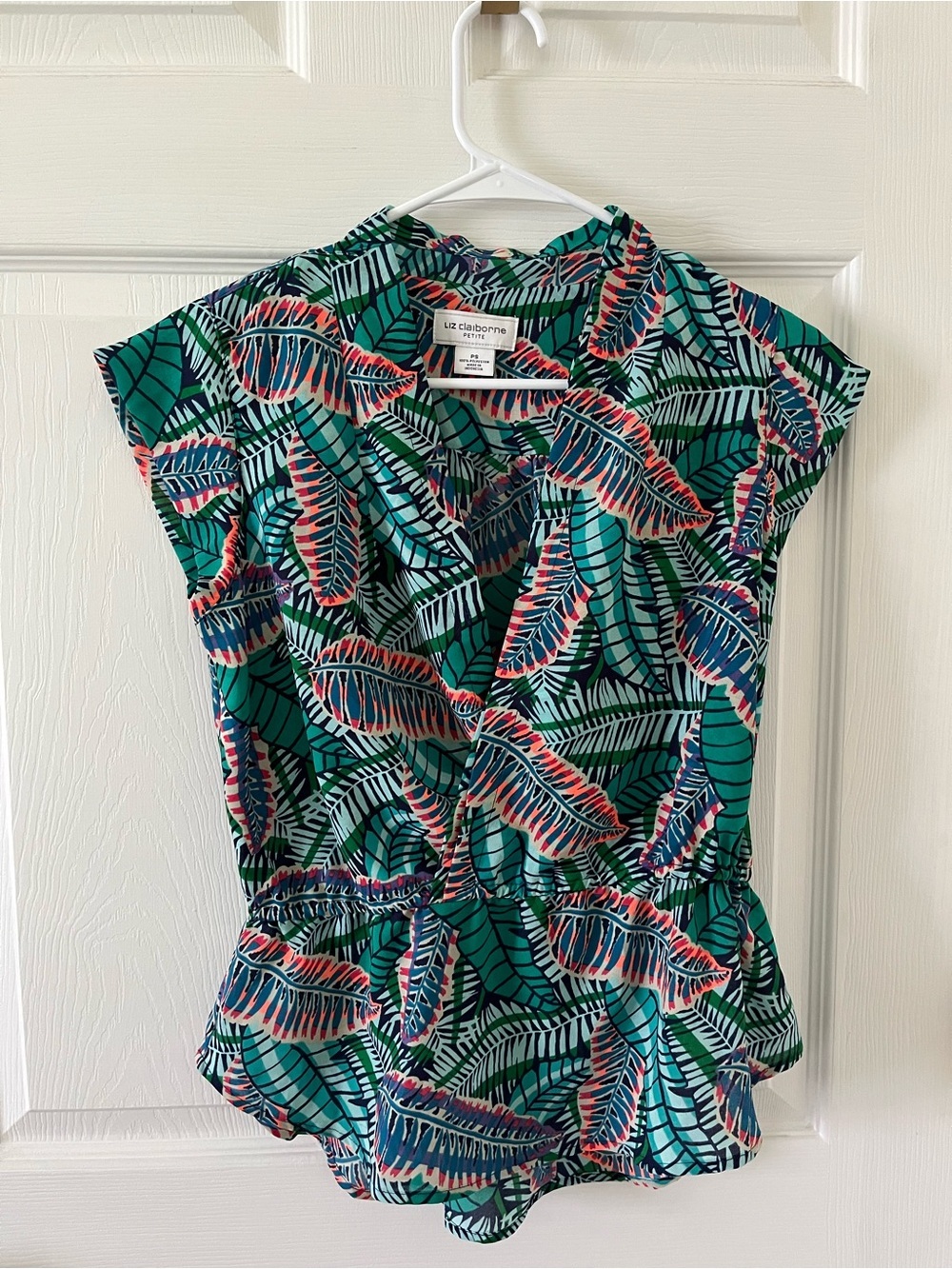 Liz Claiborne Teal Tropical Leaf Wrap Top